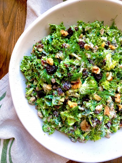 Broccoli Salad with Shredded Kale, Dried Cherries and Walnuts
