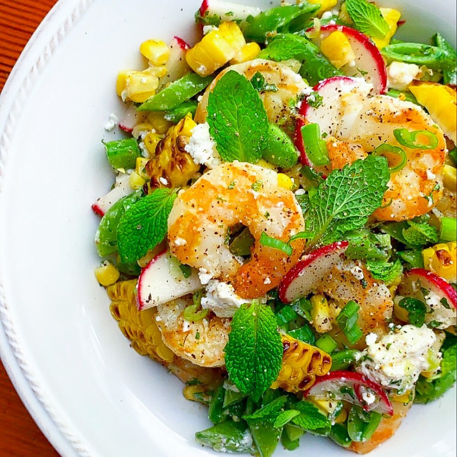 Grilled Shrimp, Corn and Snap Pea Salad with Feta