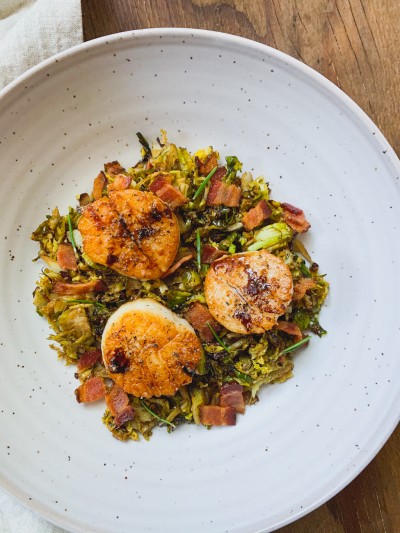 Bacon and Brussels Sprout Hash with Seared Scallops