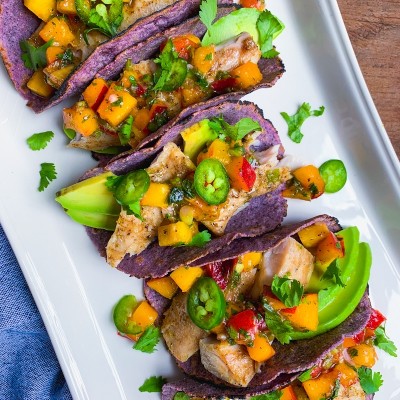 Grilled Fish Tacos with Peach Salsa, Avocado and Homemade Blue Corn Tortillas