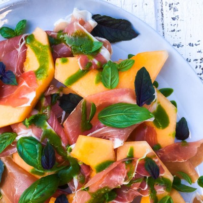Melon and Prosciutto Salad with Basil Chive Oil