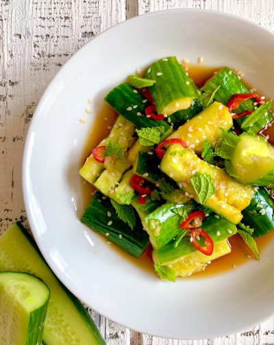 Smashed Cucumbers and Mint and Soy