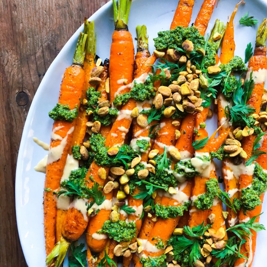 Roasted Carrots with Tahini and Carrot-Top Pesto