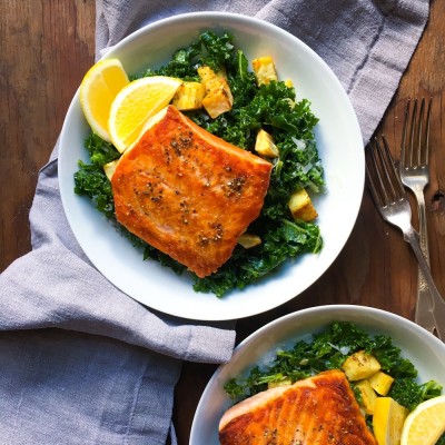Seared Salmon with Roasted Sweet Potatoes and Kale Salad for Two