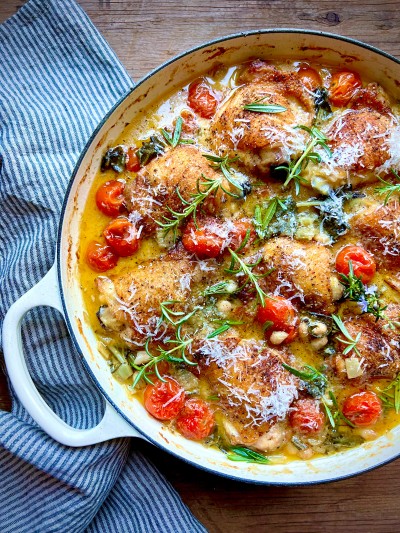 One Pan Chicken with Chard, Cherry Tomatoes and Rosemary