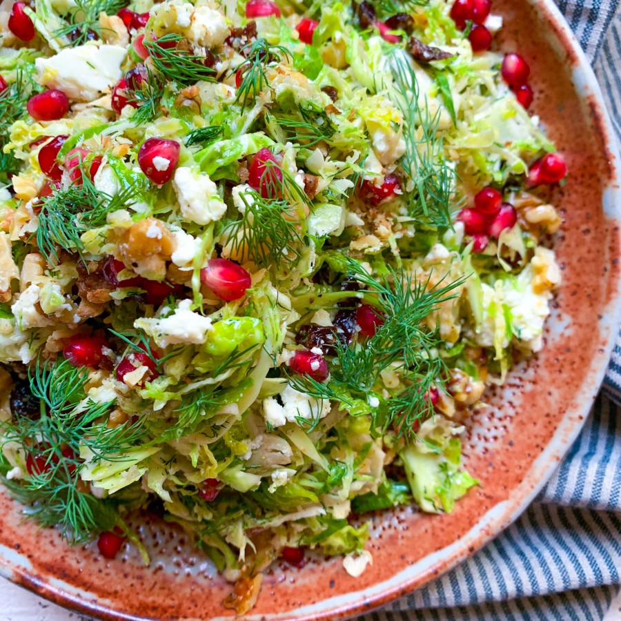 Shaved Brussels Sprout Salad with Feta, Dried Cherries and Walnuts