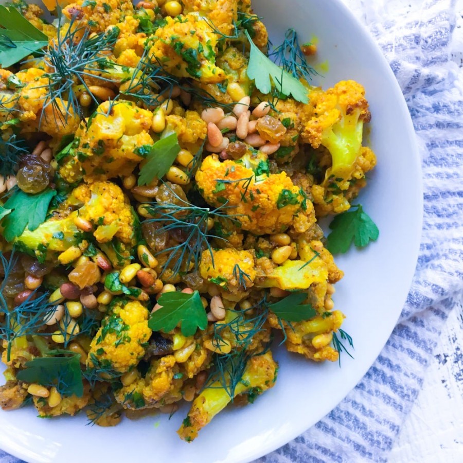 Roasted Curried Cauliflower with Raisins, Dill and Pine Nuts