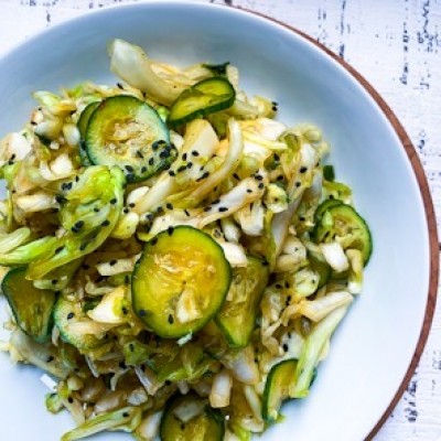 Cucumber and Cabbage Slaw with Bread and Butter Dressing