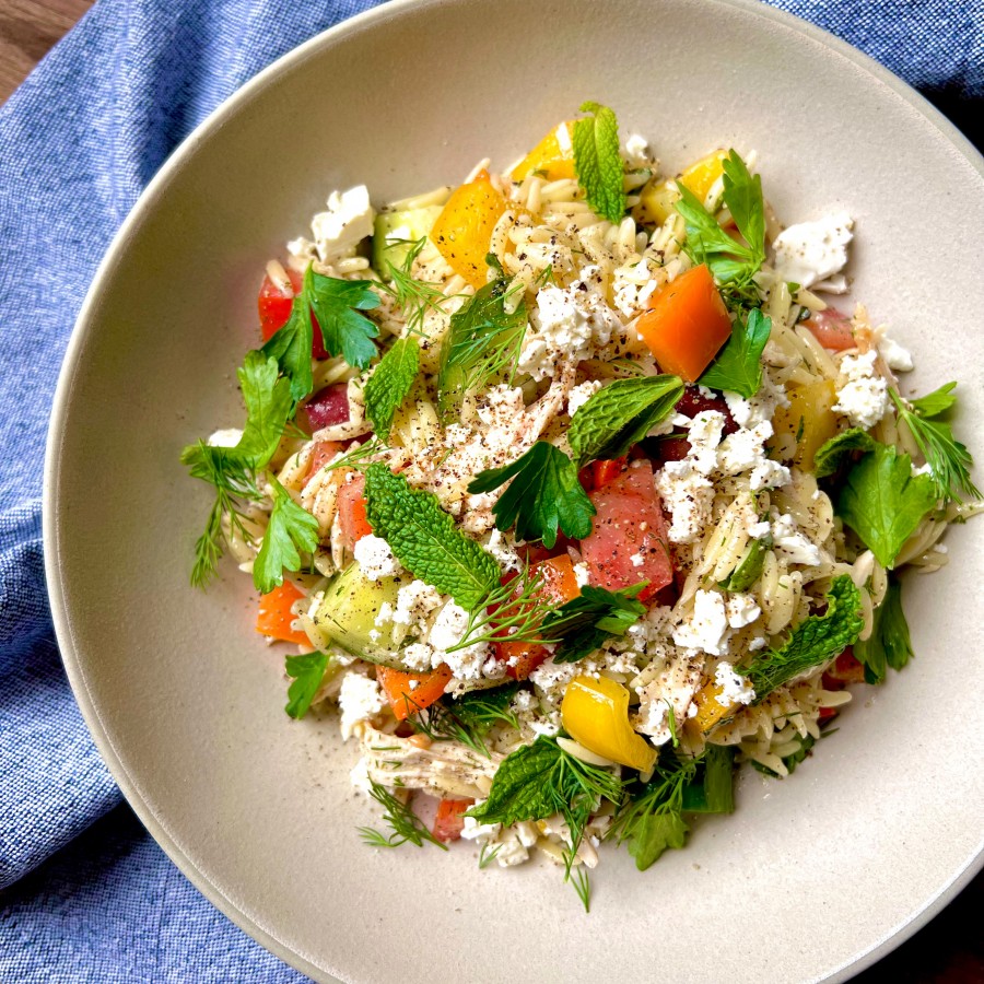 Greek Orzo Salad with Bell Peppers, Cucumber and Feta
