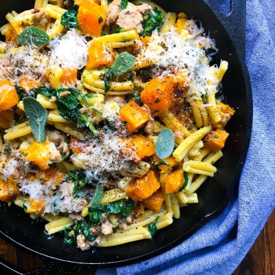 Cavatelli with Roasted Butternut Squash, Spinach and Turkey Sausage