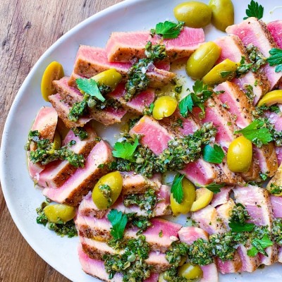 Seared Tuna with an Olive, Caper Herb Sauce