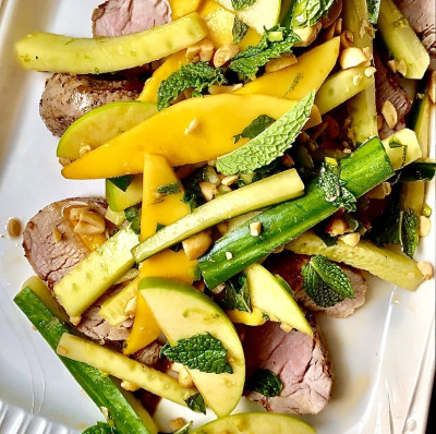 Grilled Pork Tenderloin with Spicy Cucumber, Apple and Mango Salad