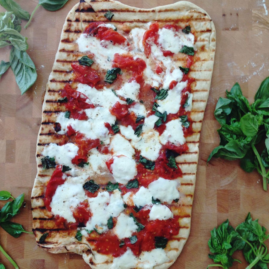 Grilled Pizza with Burrata, Basil and Grilled Tomato Sauce
