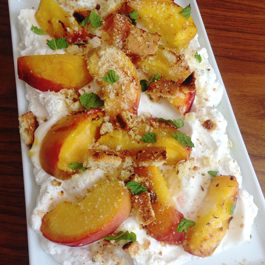 Grilled Stone Fruit with Grilled Biscotti and Whipped Cream