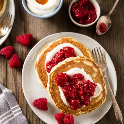 Buttermilk Pancakes with Whipped Ricotta and Raspberries
