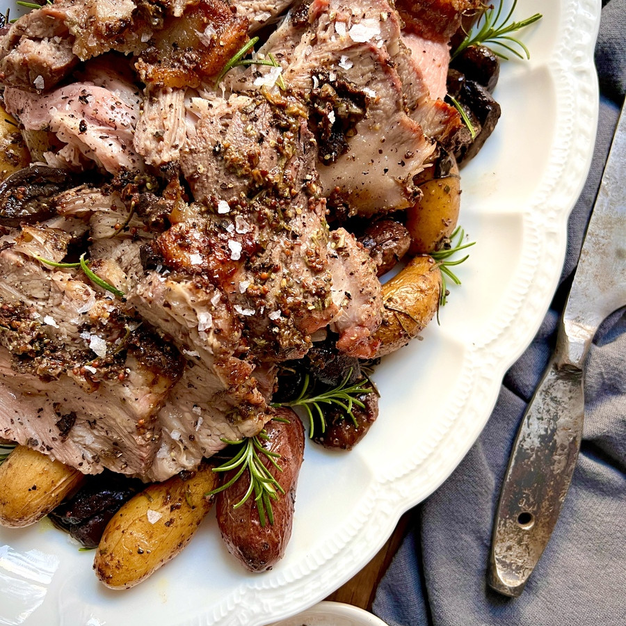 Rosemary Roasted Pork Shoulder with Fingerling Potatoes and Creminis