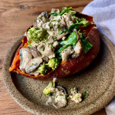Loaded Sweet Potatoes with Ground Turkey, Mushrooms and Spinach