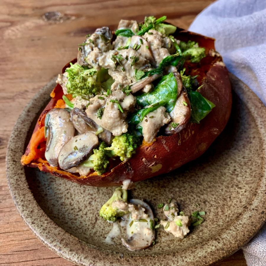 Loaded Sweet Potatoes with Ground Turkey, Mushrooms and Spinach