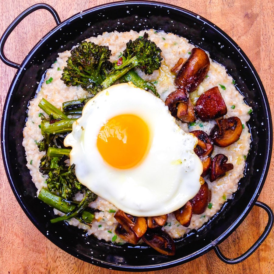 Savory Oatmeal with Mushrooms, Roasted Broccolini and Sunny-Side Up Egg