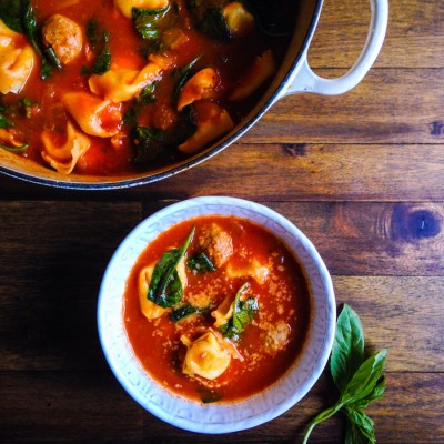 Tomato Basil Soup with Tortelloni, Sausage and Spinach 