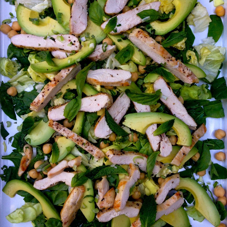 Grilled Chicken Salad with Herbs, Avocado and Garbanzo Beans