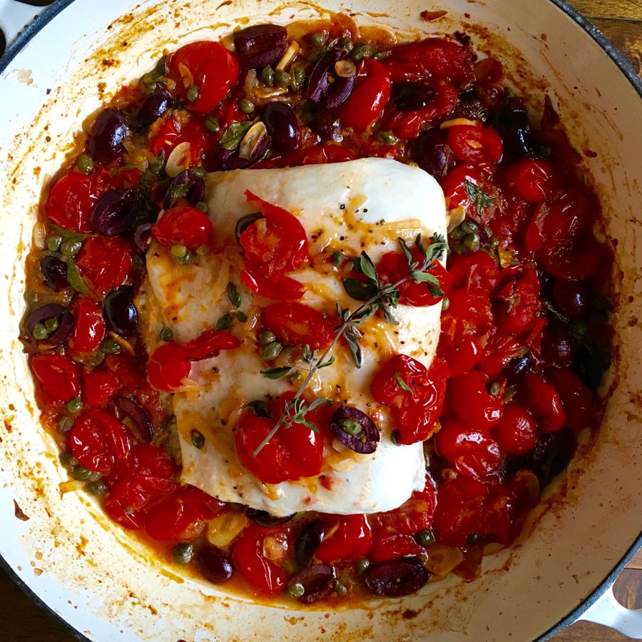 Baked Halibut with Tomatoes, Capers, Olives and White Wine