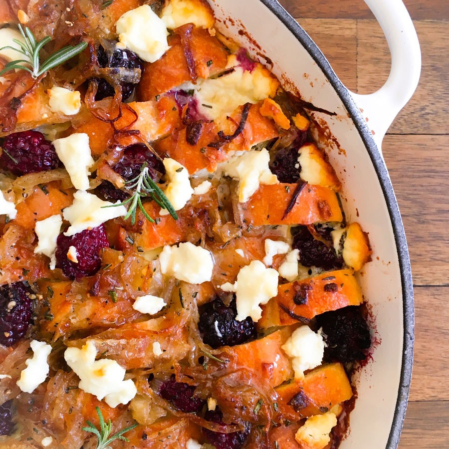 Savory Bread Pudding with Blackberries, Onions and Goat Cheese