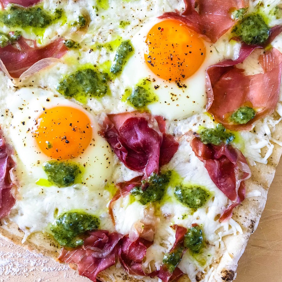 Grilled Breakfast Pizza with Egg and Prosciutto