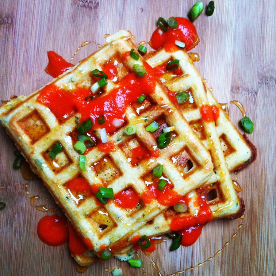 Savory Waffles with Honey and Sriracha 