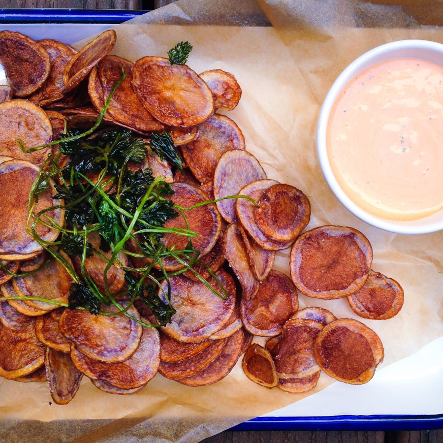 Purple Potato Chips with Spicy Cilantro Dipping Sauce