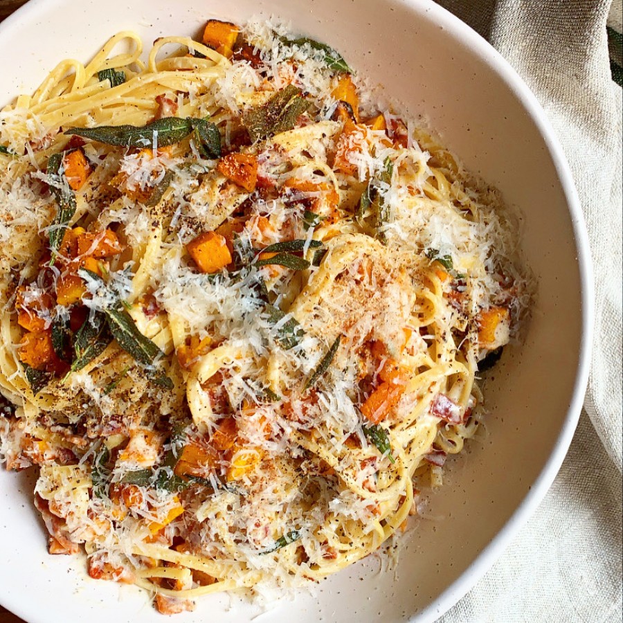Bacon and Roasted Butternut Squash Pasta with Crispy Sage