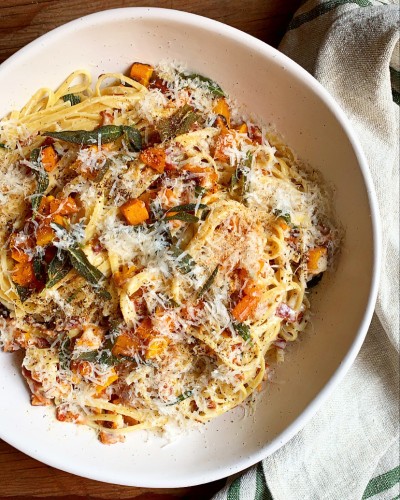 Bacon and Roasted Butternut Squash Pasta with Crispy Sage