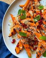 Grilled Sweet Potato Salad with Tahini and Pomegranate Seeds