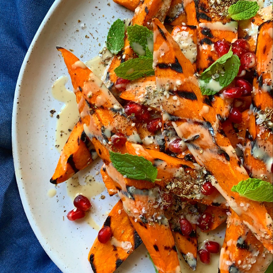 Grilled Sweet Potato Salad with Tahini and Pomegranate Seeds